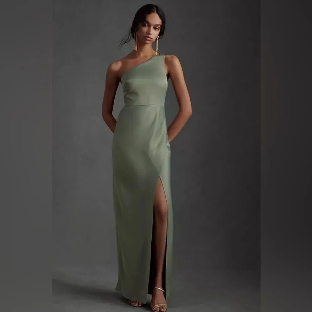 BHLDN Dylan One Shoulder Satin Side Slit Gown in Moss